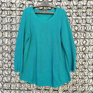 J Jill Teal Blue Cableknit Pullover Sweater Scoop Hem MEDIUM